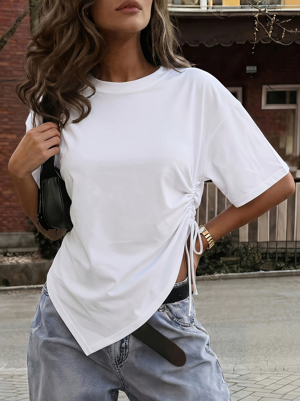 This Women's T-shirt Features a Loose Asymmetrical Design with Rope-style Embellishments, Making It Perfect for Daily Work or Date Wear. It's a Versatile Choice for Spring and Summer Seasons - White