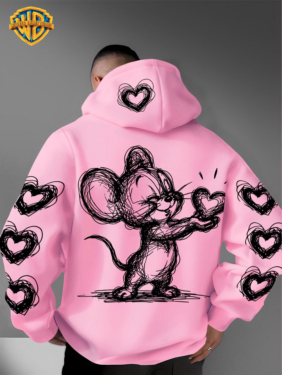 Warner Bros. Officially Licensed Men's Hoodie, Featuring Retro-style Cartoon Character Heart-shaped Pattern Design, Hand-drawn Sketch Art Print, Suitable for Casual Streetwear, Ideal for Daily Wear, for Travel or Weekend Outings - pink