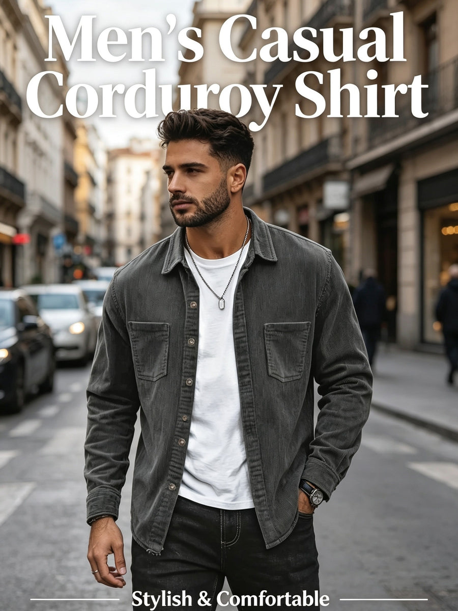 [Spring And Autumn Men'S Retro Corduroy Jacket ] Men'S Blue Corduroy Shirt, Retro Casual Long Sleeve Single, Loose Collar Button Top, Pocket Versatile Autumn Jacket, Halloween And Christmas Gift for Boyfriend And Father - Dark Gray