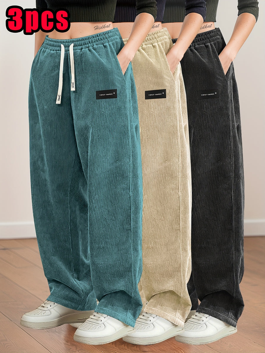 3pcs Women's Straight-Leg Corduroy Casual Pants, Thin Spring/Autumn Fashion Drawstring Waist Trousers for Daily Wear and Dating - Blue+Khaki+Black