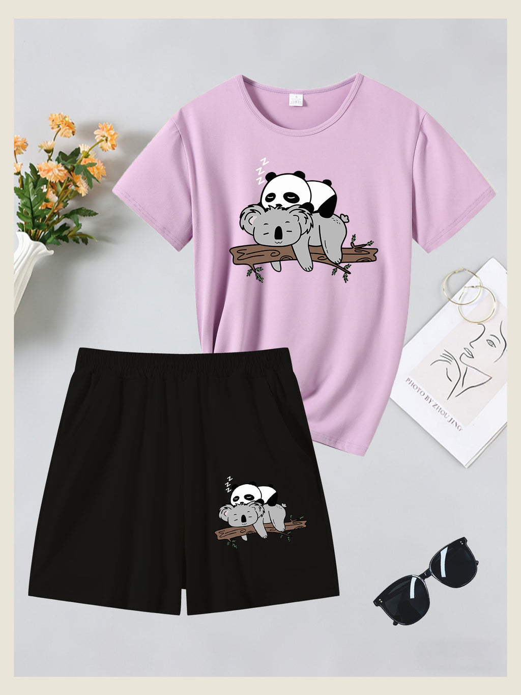 2pcs Women's Summer Short Sleeve Set—Panda Koala Cute Animal Print Short Sleeve Shorts Set, Comfortable, Soft, and Breathable for Sports and Daily Wear, Suitable for Back-to, Campus, Valentine's Day, Women's Pajamas, Jogging, Fitness, and as a Gift - Light Purple+Black