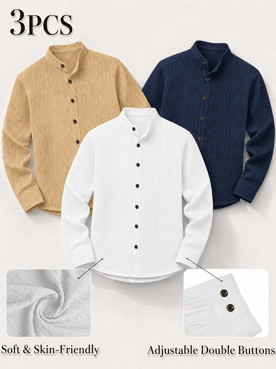 [Zhiyu'S OBM] 3pcs Men'S Long Sleeve Casual Shirt Set, Easy Solid Colors, Stand-Up Collar Design, Lightweight Breathable Fabric with Double-Button Adjustable Cuffs, Switch Between Loose And Tight Comfort, Perfect for Beach Vacations, Pool Parties - White Cangqing Card
