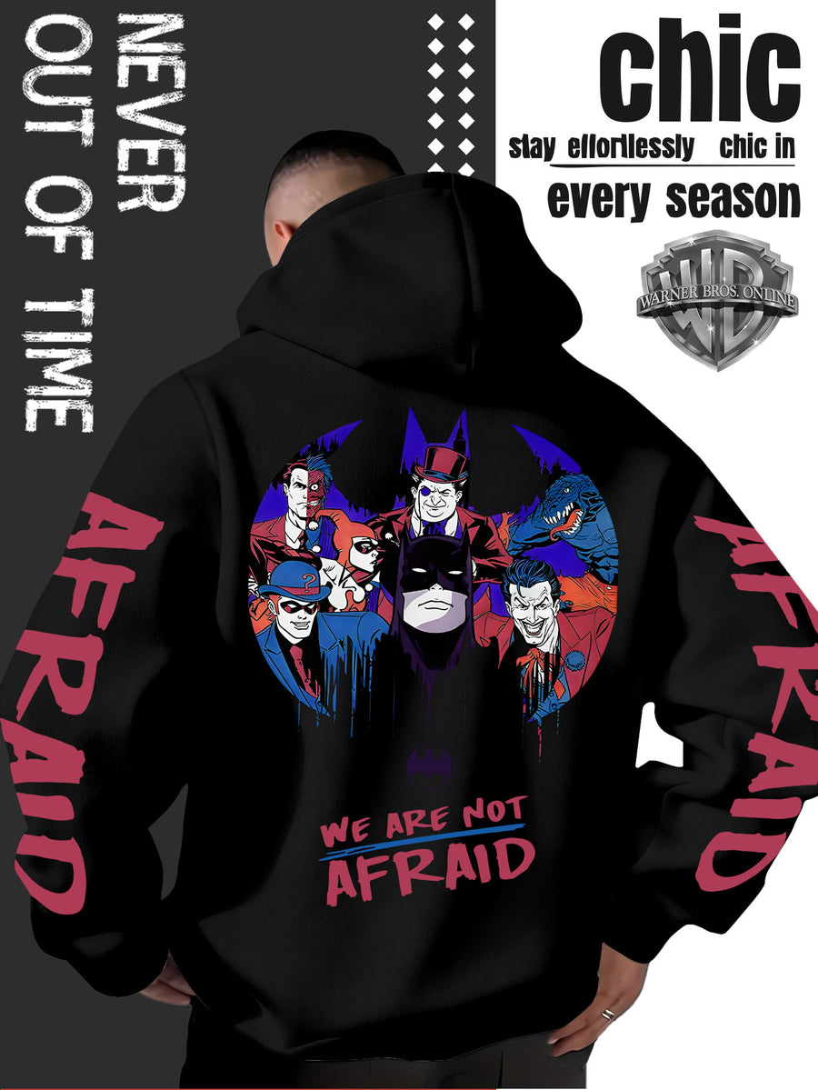 Men'S Batman Hooded Sweatshirt, Cool Graphic Print with Hero And Villain Characters, English Slogans And Sleeve Graffiti, Classic Meets American Dark Streetwear, Fall/Winter Comfortable Long Sleeve, Trendy Street Style for Men - Black