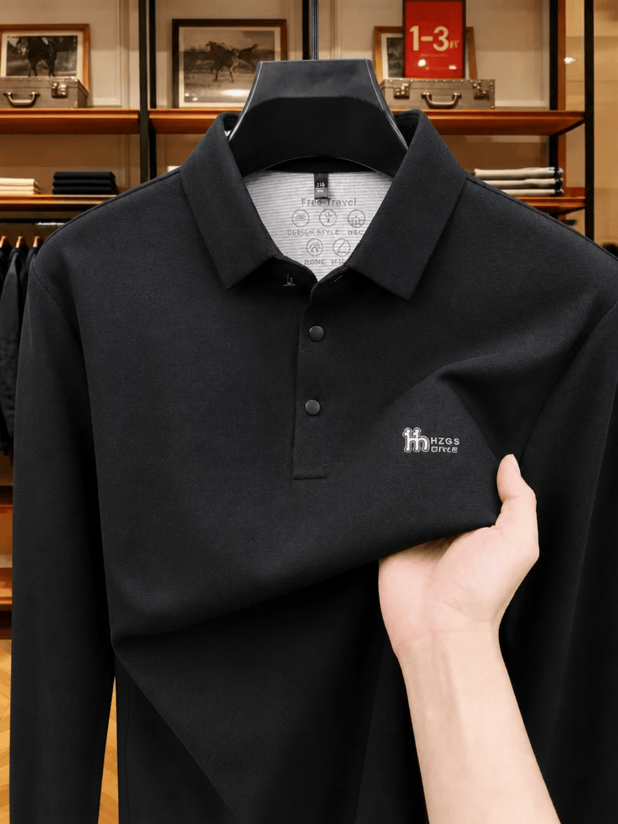 Men'S Lapel Long Sleeve Polo Shirt Solid Color Thin Pullover Top Spring Autumn Casual Layering Apparel for Golf Fishing Tennis Sports Daily Wear for Men - Black