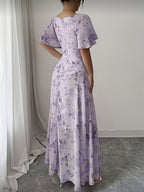 Elegant Everyday Casual Women's Chiffon Butterfly Print Batwing Sleeve Drawstring French-Style Sweet Summer Maxi Dress - Lavender