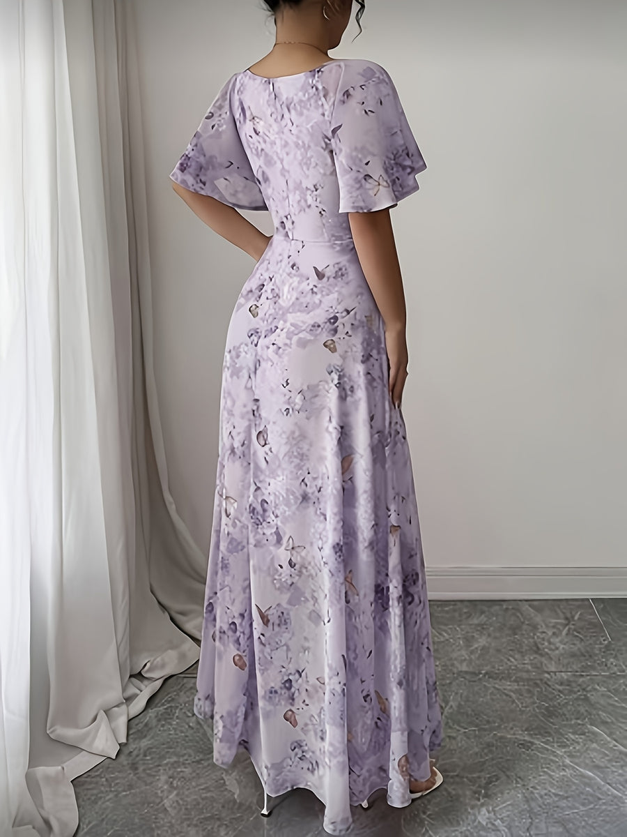 Elegant Everyday Casual Women's Chiffon Butterfly Print Batwing Sleeve Drawstring French-Style Sweet Summer Maxi Dress - Lavender