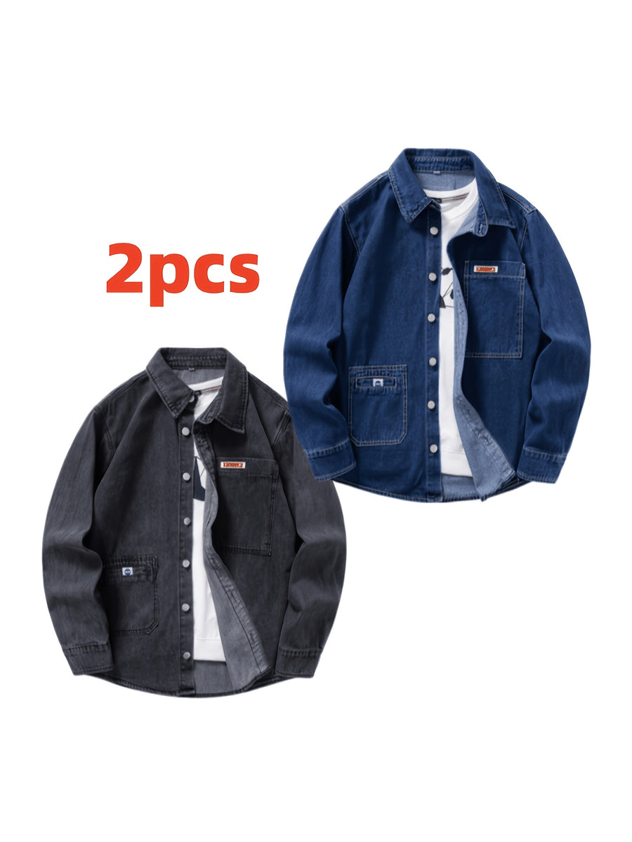 2pcs Men's Loose Vintage Washed Lapel Denim Shirt, Casual Versatile Daily Streetwear Jacket - Dark blue + black gray
