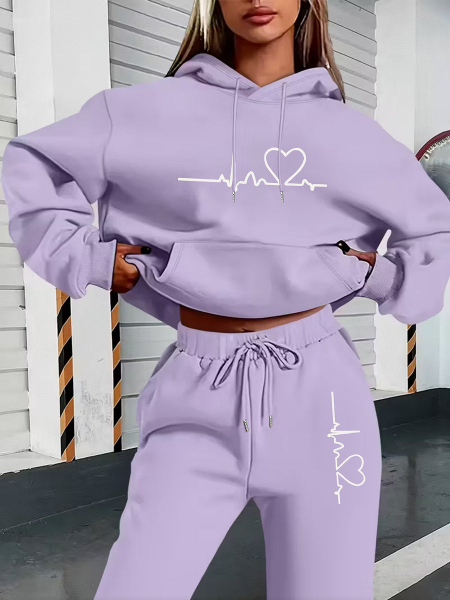 Autumn And Winter ECG Heart Pattern Printed Women'S European And American Fashion Fleece Hooded Sweatshirt Set for ' Casual Wear - Purple