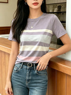 [Printed Design Texture] Women'S Korean-Style Blogger'S Colorful Striped T-Shirt, a Versatile Basic Short-Sleeve Top That Flatters The Figure And Is Suitable for All Body Types, a New Summer 2026 Model for Commuting And Casual Wear - Mixed Color 8