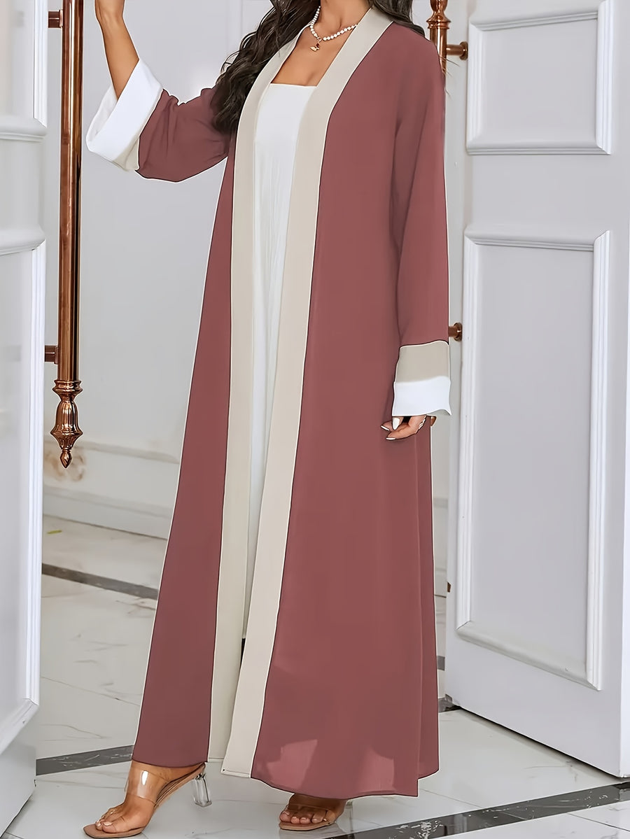 Ramadan Open-Front Long-Sleeved Long Dress, Elegant Color-Block Slim-Fit Super Long Dress, Women'S Clothing - The color of rouge