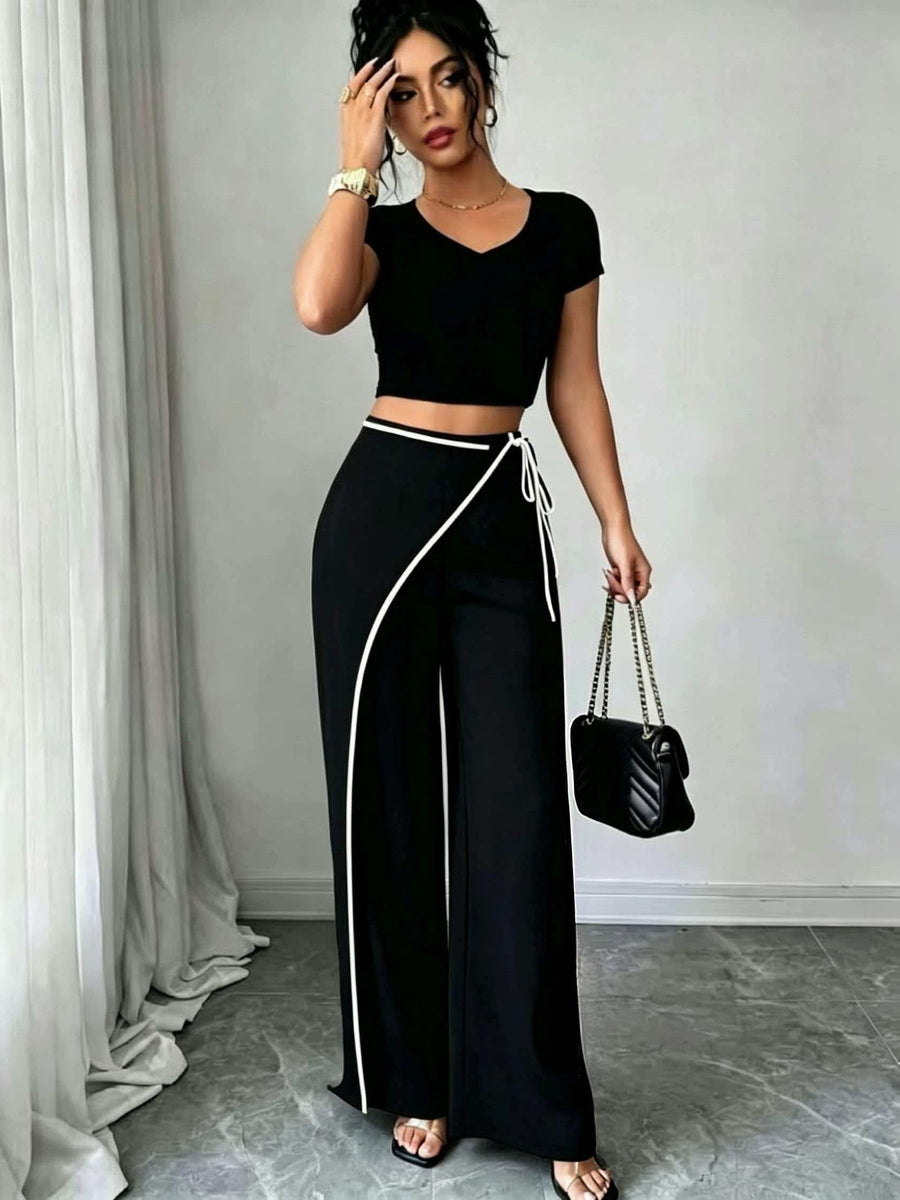 Black And White Contrast Premium Feel! Commuter Hot Favorite Design-Led Tie-Up Wide-Leg Pants - Black