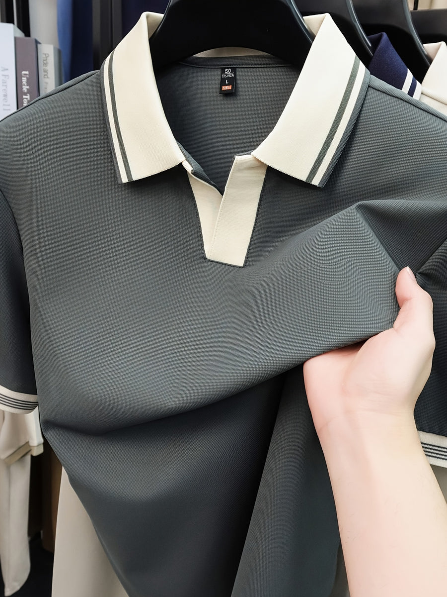 New Summer V-Neck Buttonless Lapel High-Stretch Short-Sleeve Men's T-Shirt, Fashionable Casual Sport Quick-Dry Men's Shirt, Skin-Friendly and Cool, Y Smooth Breathable Men's Top TX16215 - Dark Gray