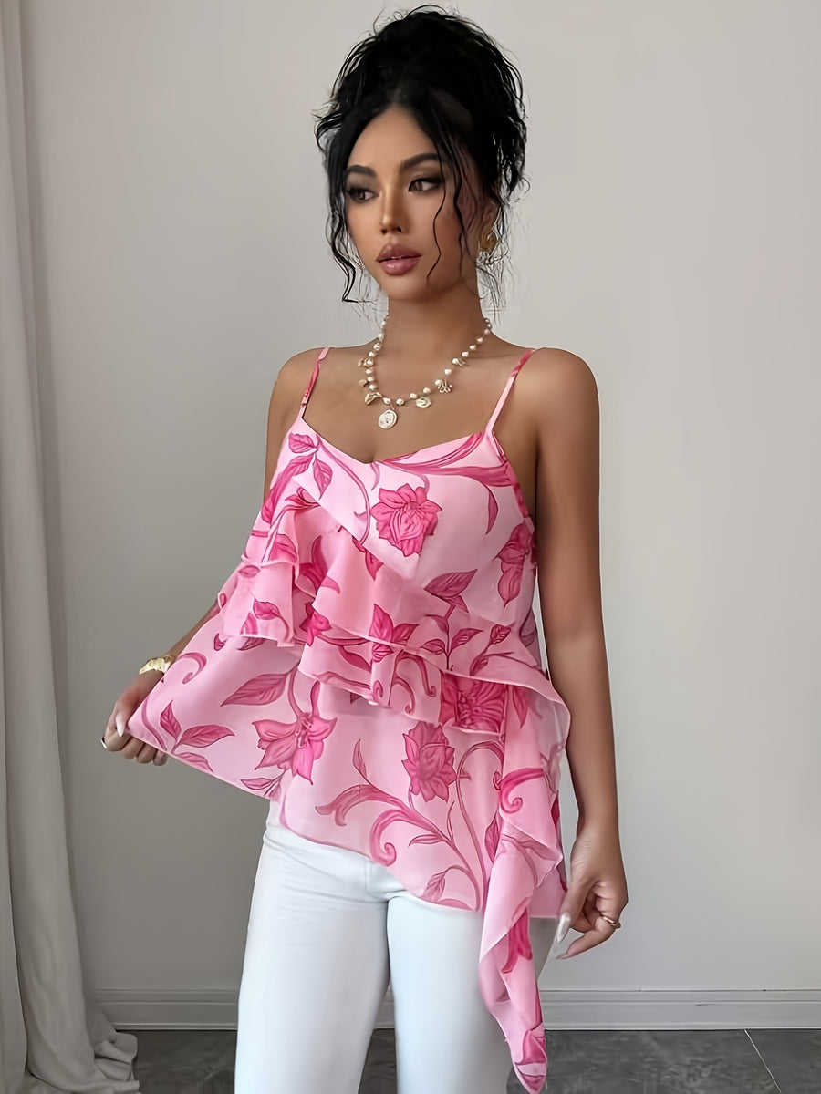2026 Summer New Pink Floral Ruffled Camisole Women'S Summer Irregular Hem Body-Shaping Thin Chiffon Top Hot Top - Pink