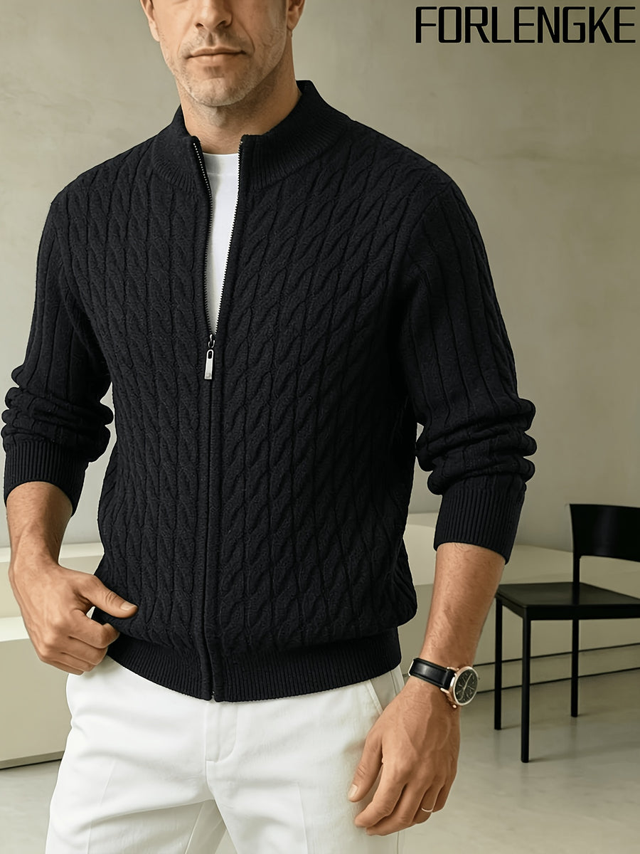 FORLENGKE Men'S Solid Color Stand Collar Cable Knit Zip Cardigan, Autumn And Winter Vintage Braided Texture Sweater, Casual Regular Fit, Suitable for Commuting And Traveling, Versatile Men'S Knit Jacket Available in Multiple Colors - Black