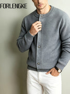 Men'S Italian Casual Gentleman Windproof Solid Round Neck Knit Cardigan Top, Heavy Fabric Warm Non-Constricting Ribbed Hem Windproof Fitted, Suitable for Coffee Dates Art Exhibitions City Strolls Mall Shopping Holiday Leisure Commute Outerwear Top - Grey