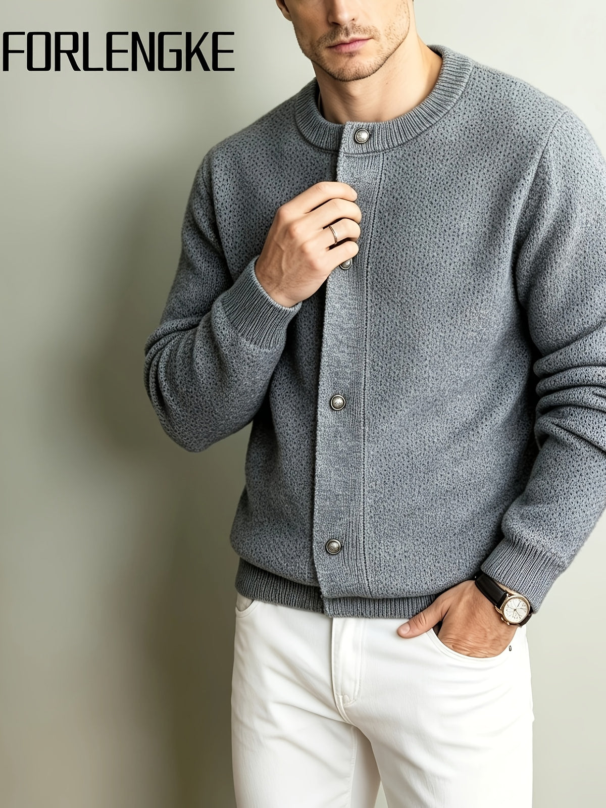 Men'S Italian Casual Gentleman Windproof Solid Round Neck Knit Cardigan Top, Heavy Fabric Warm Non-Constricting Ribbed Hem Windproof Fitted, Suitable for Coffee Dates Art Exhibitions City Strolls Mall Shopping Holiday Leisure Commute Outerwear Top - Grey