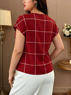 Large Plaid V-Neck Batwing Sleeve Short-Sleeved Chiffon Shirt, Minimalist Commuter Style Shirt, Versatile Temperament Top, Minimalist Commuter Style, French Relaxed Style - Red Grid