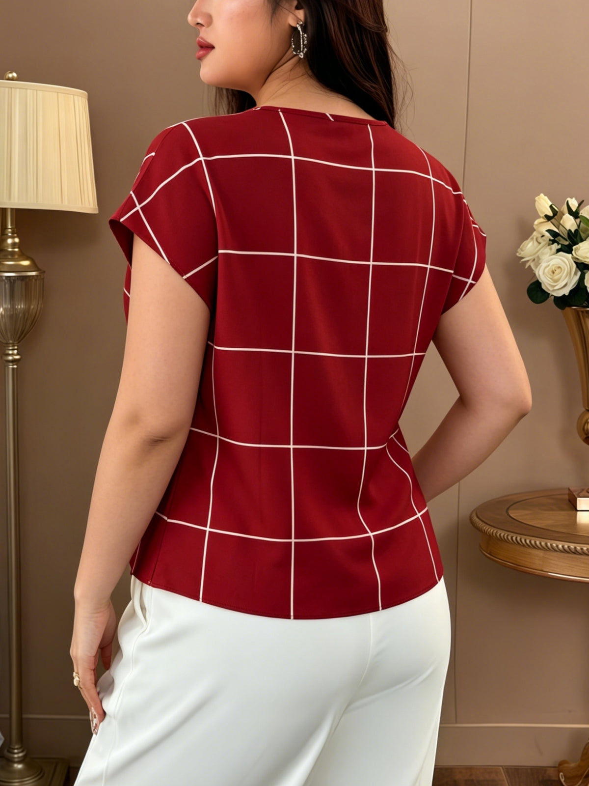 Large Plaid V-Neck Batwing Sleeve Short-Sleeved Chiffon Shirt, Minimalist Commuter Style Shirt, Versatile Temperament Top, Minimalist Commuter Style, French Relaxed Style - Red Grid