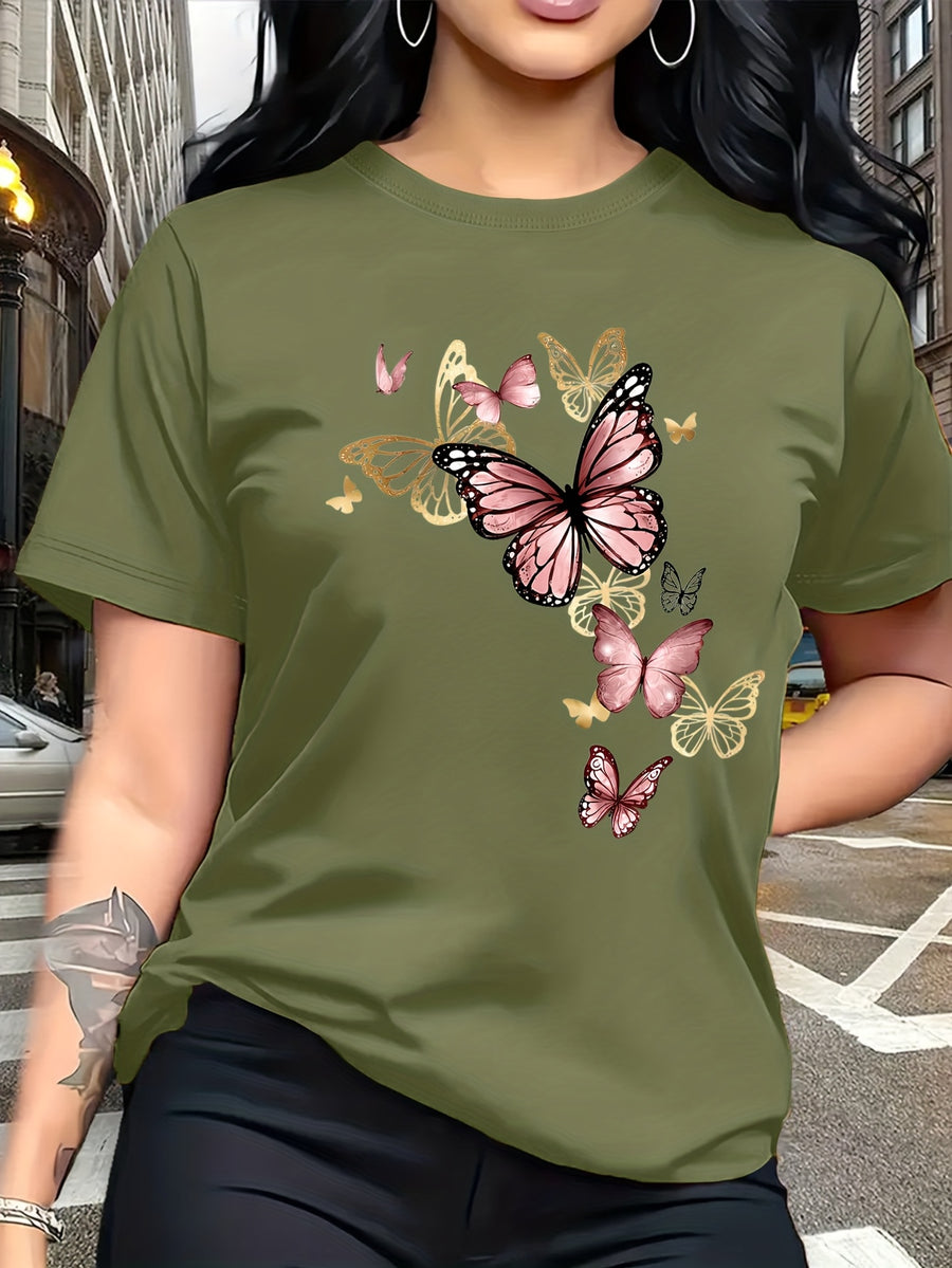 Watercolor Style Butterfly Pattern Print, Fashion Breathable T-Shirt, Family Travel, Campus, Casual, Daily Commute, Sisters' Matching Outfit, Versatile T-Shirt - Green