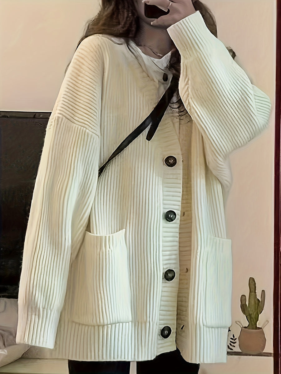 Women'S Autumn Winter New V-Neck Single Button Long Sleeve Solid Color Cardigan - Off-white