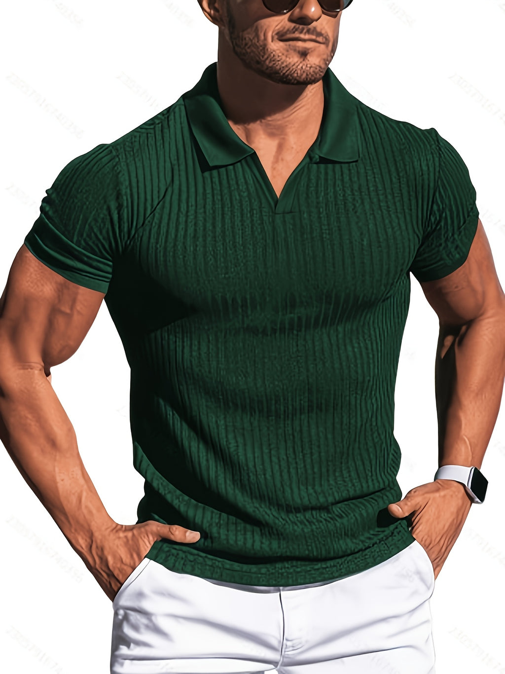 KJ-P6-V Summer Beach Athletic Style Polo Shirt Men'S Vertical Striped Collar Short Sleeve Fitness Casual Versatile T-Shirt 3pcs Set - Dark Gray Green Black