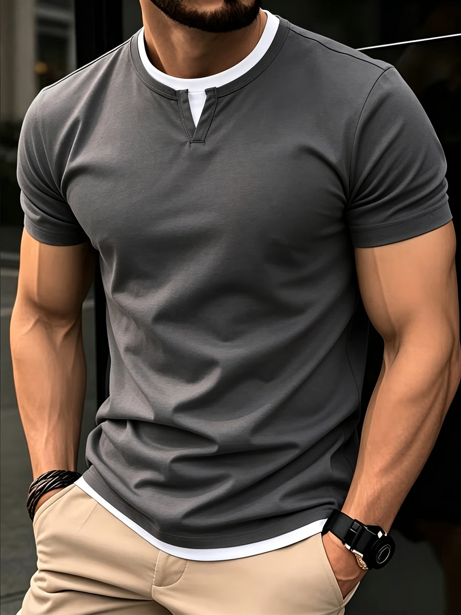 American-style Minimalist Color-Block White-Trimmed Henley Shirt for Men, Versatile Commuting Breathable Thin Short-Sleeve Base Layer Top, Summer Color-Block V-Neck Solid Color T-Shirt, Casual Short Sleeve - Grey