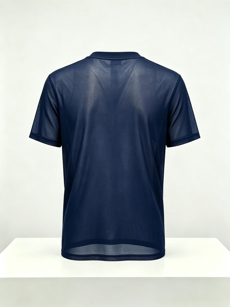 Men's Geometric Triangle Small Logo Mesh Short Sleeve Cooling Quick-Dry Loose Fit Crew Neck Sports T-Shirt - Navy Color