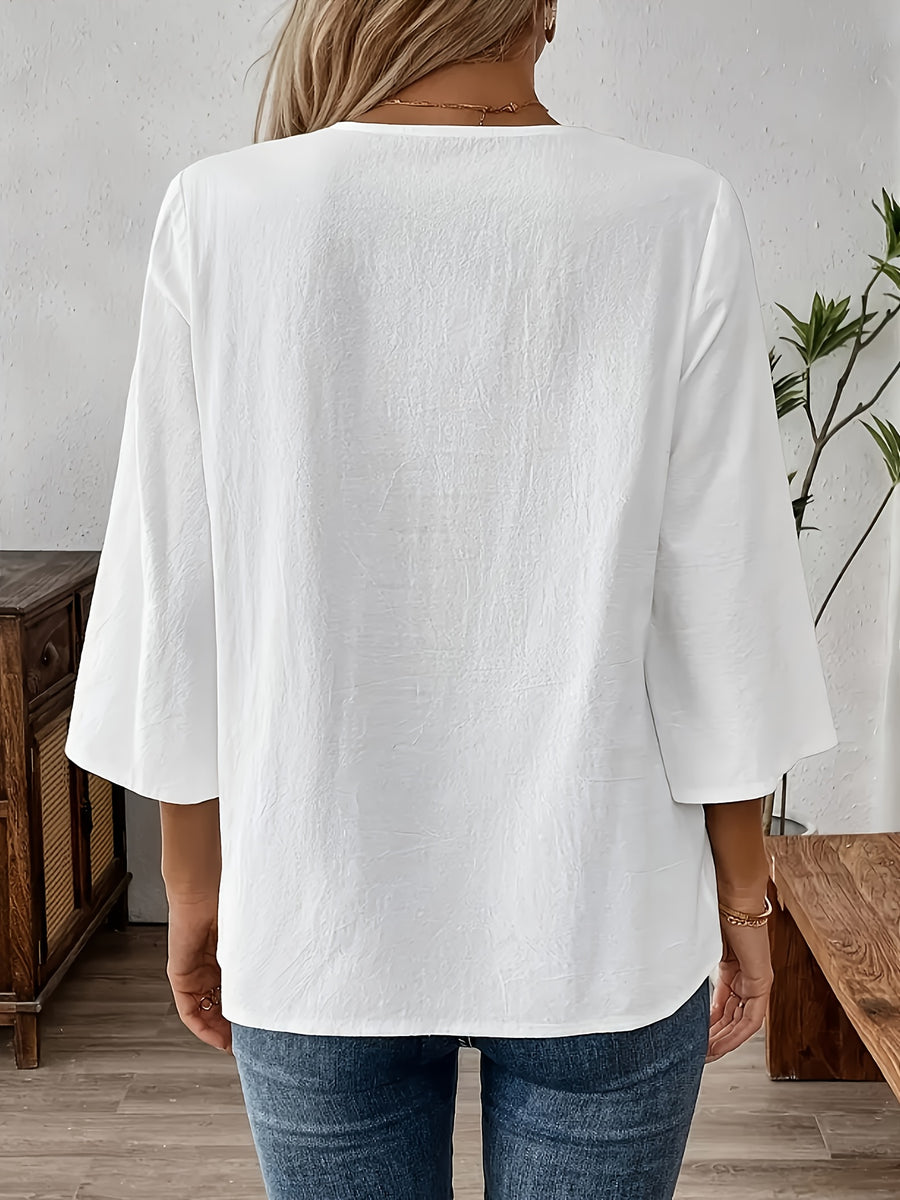 New Women'S V-Neck Lace Trim Blouse, Half-Sleeve Comfortable And Casual Vintage Clothing - White