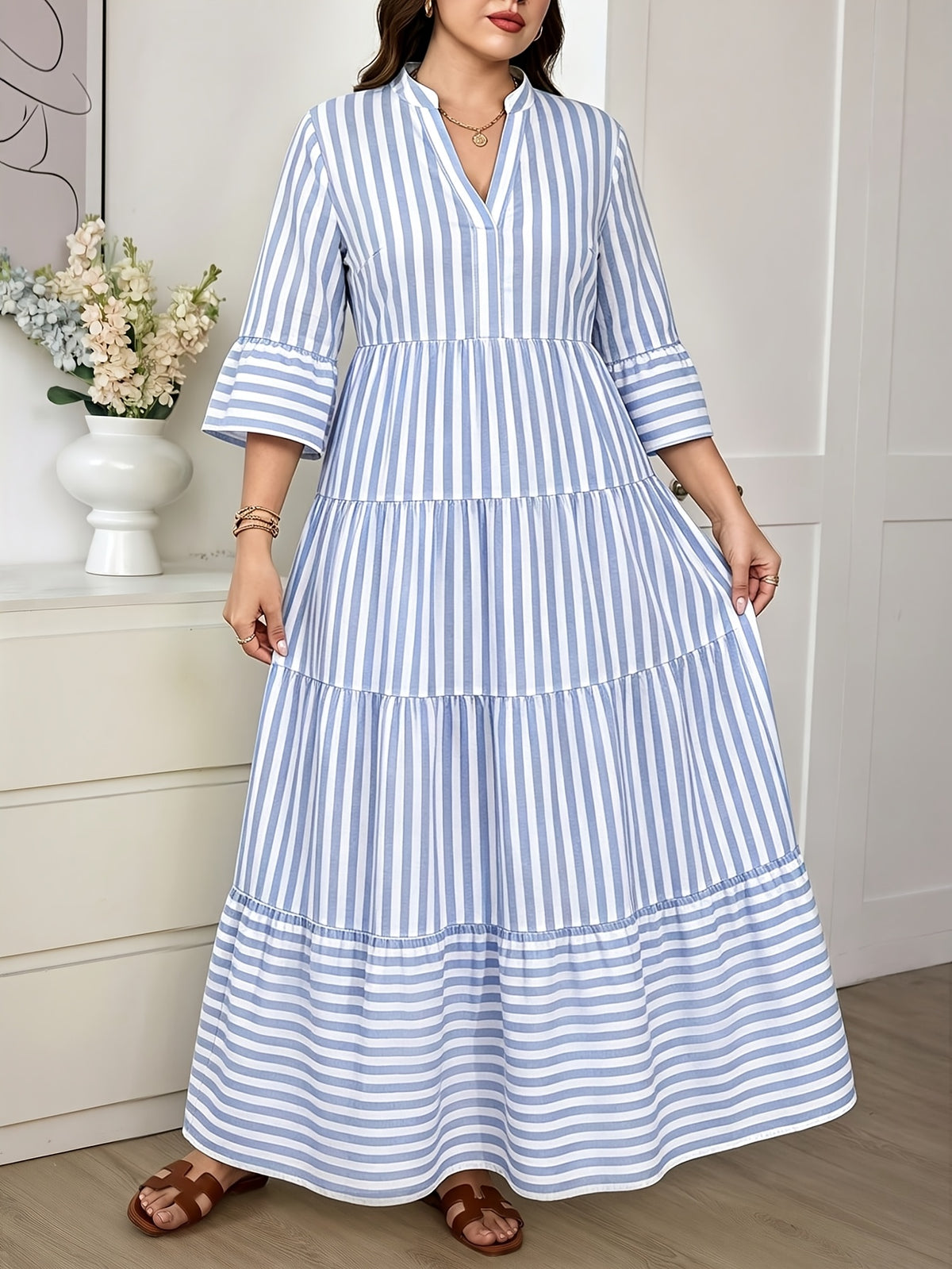Plus Size Women'S Stand Collar V-Neck Layered Cake Dress, Yellow White Pinstripe Gentle Style Dress, Suitable for Vacation Outings, Fresh Casual Style, Fine Vertical Stripes Pattern, Women'S Clothing, Women'S Dress, Pastoral Vacation Style - Sky Blue