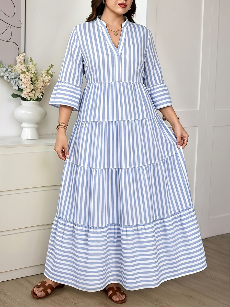 Plus Size Women'S Stand Collar V-Neck Layered Cake Dress, Yellow White Pinstripe Gentle Style Dress, Suitable for Vacation Outings, Fresh Casual Style, Fine Vertical Stripes Pattern, Women'S Clothing, Women'S Dress, Pastoral Vacation Style - Sky Blue