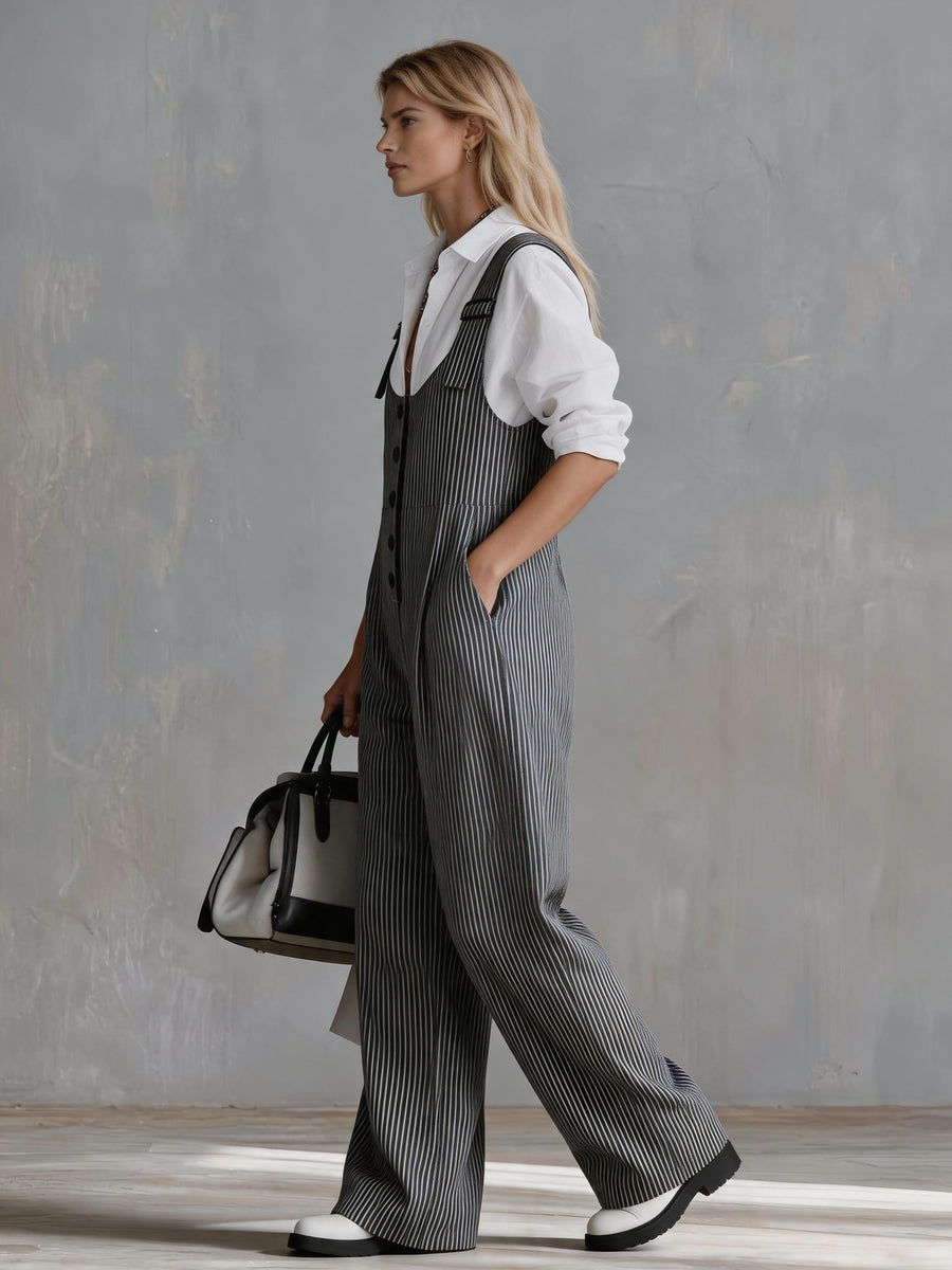 Women's Vintage Striped Single-Breasted Wide-Leg Overalls - Dark Gray