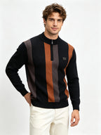 Men's Half-Zip Stand Collar Color-Block Knit Sweater, Cable Textured Pullover, Retro Sporty Fall Winter Top - Black