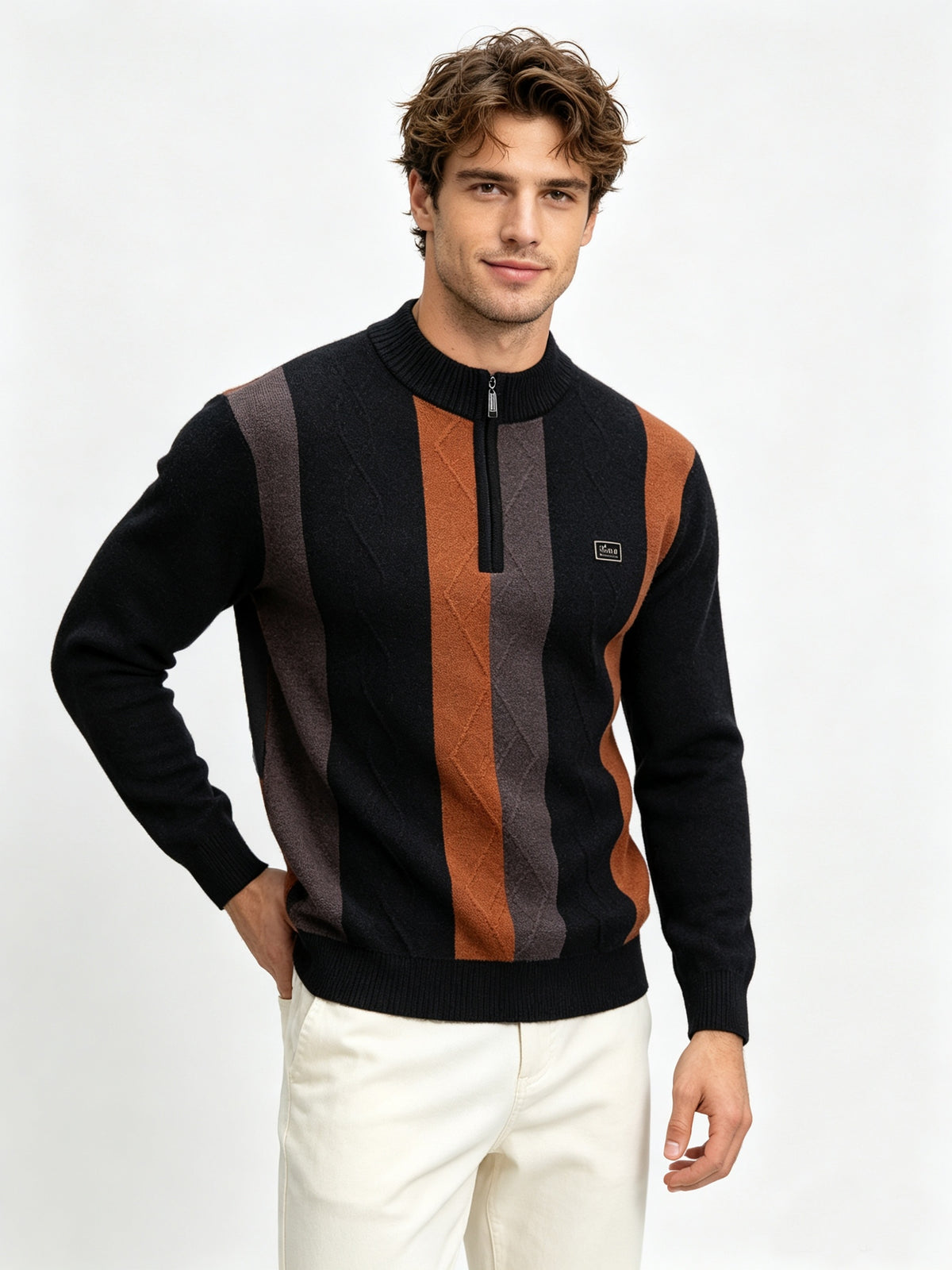 Men's Half-Zip Stand Collar Color-Block Knit Sweater, Cable Textured Pullover, Retro Sporty Fall Winter Top - Black