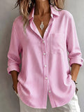 Spring/Autumn Women'S Shirt, Long Sleeve Striped Pocket Casual Skin-Friendly Breathable Commute Daily Summer Top Women'S Shirt - Pink Color