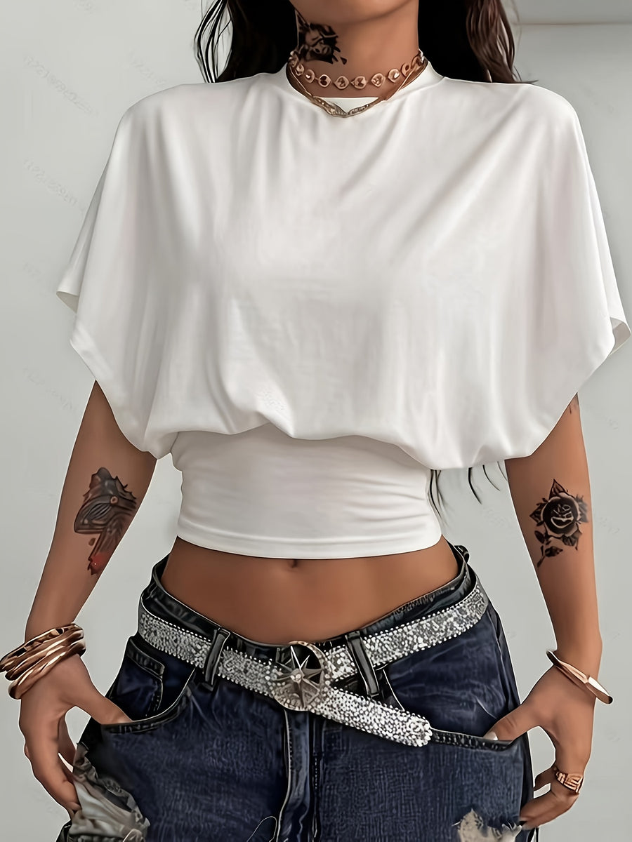 BK260403040 Women's Fashion Spring/Summer New Arrival, Stylish and Elegant, Solid Color No Print, Casual Versatile Waist-Cinching T-Shirt, Essential Basic Style—Suitable for Daily Spring/Summer Wear,, Beach, Vacation, and Home - White