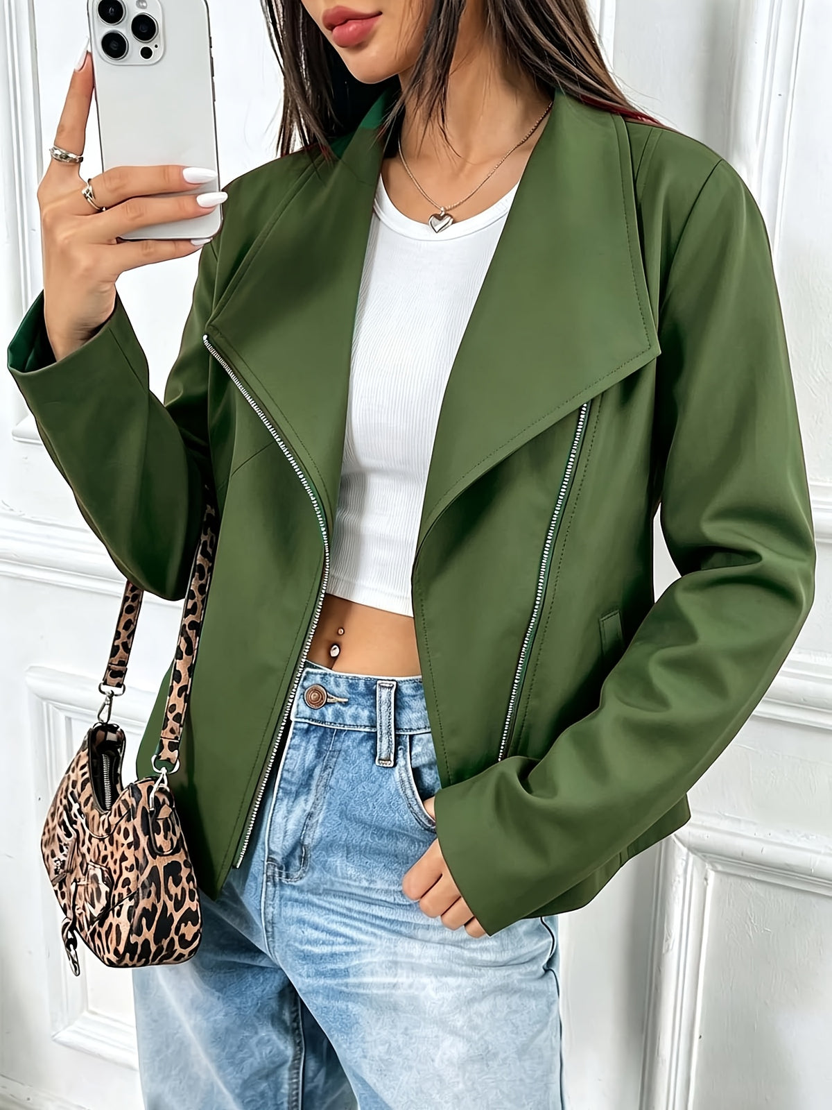 Autumn Winter New European Style Premium Asymmetrical Lapel Diagonal Zipper Short Jacket Solid Color Long Sleeve Top - Green