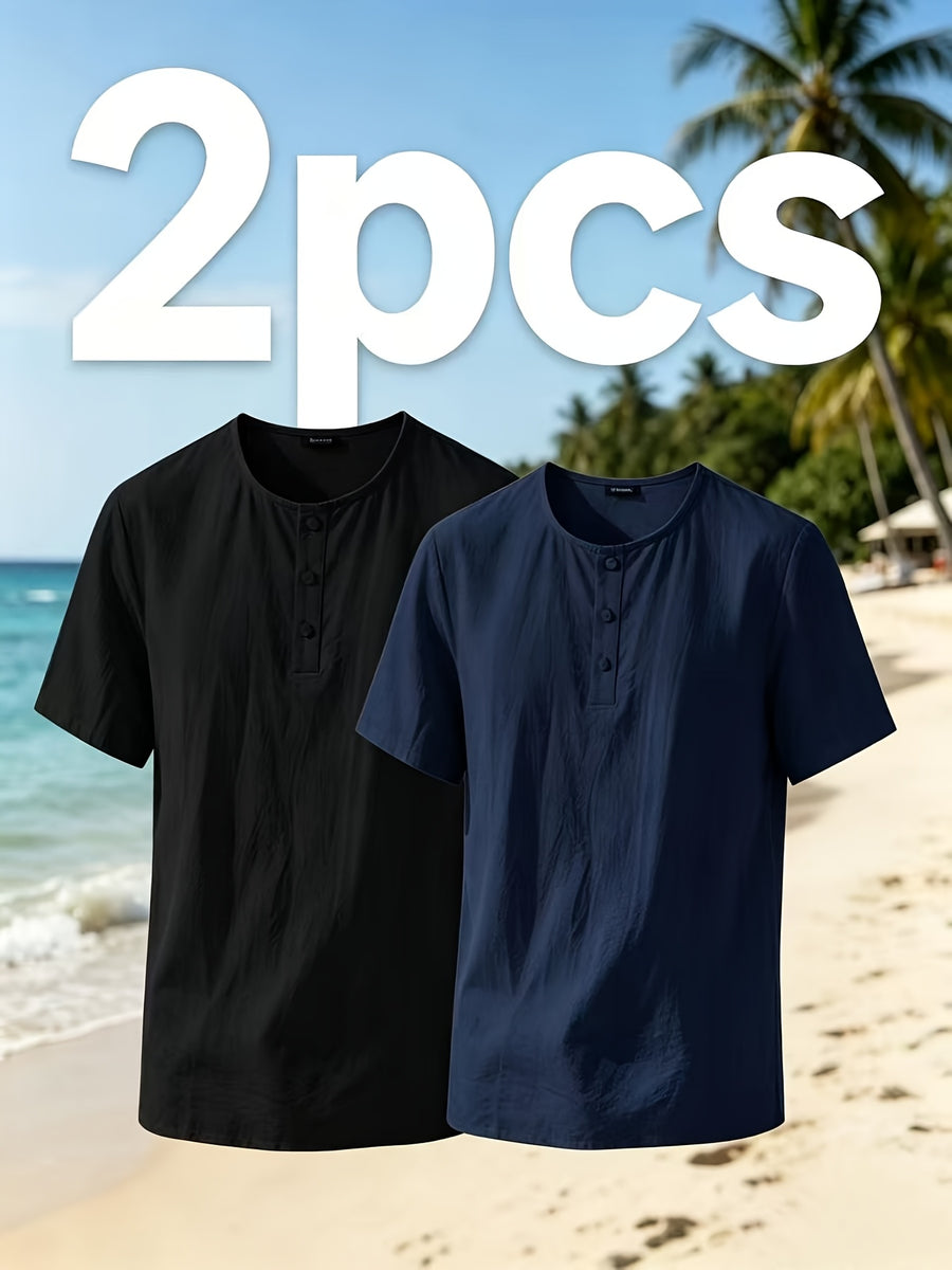 Men'S Summer Short-Sleeve T-Shirt Set, 2Pcss Beach Casual Breathable Top, Easy Design for Pool Parties And Beach Vacations, Ideal Gift for Beachwear, Daily Casual Relaxed (2Pcss Set) - Black+Navy Blue