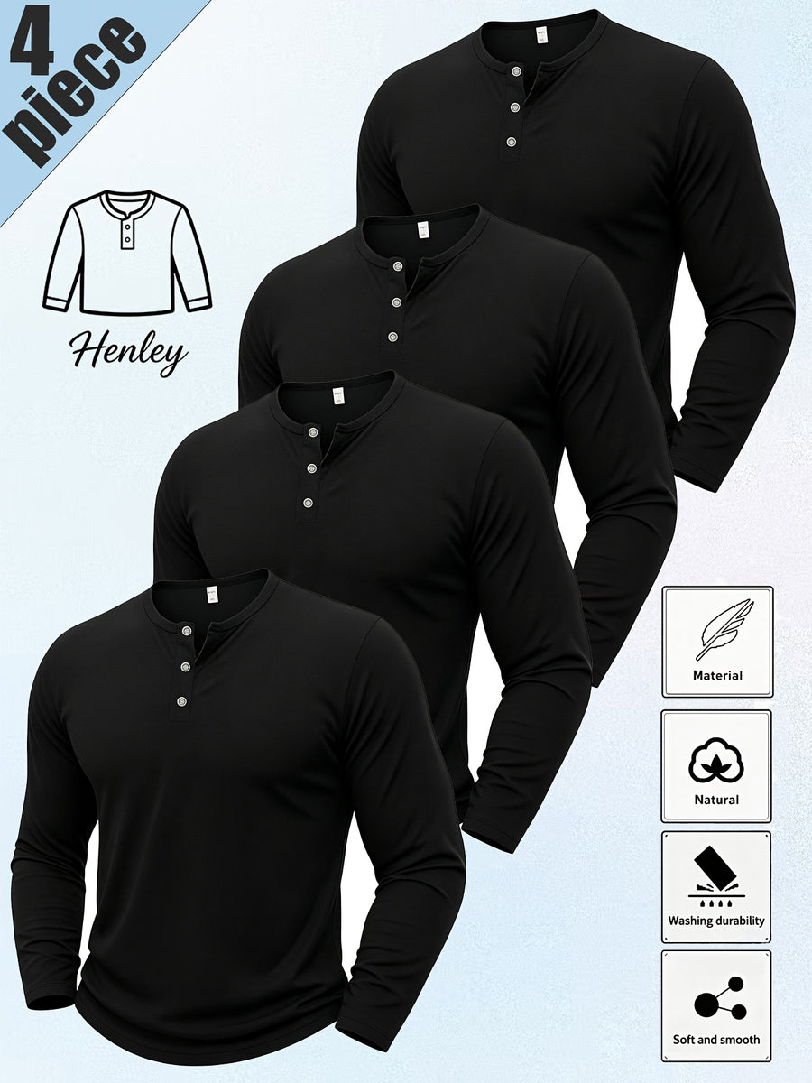 4pcs Set of Men'S Solid Color Henley Long-Sleeve T-Shirts, Classic Three-Button Collar Design, Slim Fit, Basic Tops, Soft Natural Breathable Fabric, Durable, Casual Everyday Layerable T-Shirts, Versatile Men'S Autumn Basic Shirts - Four Black