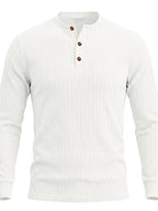 1pc Men's Casual Jacquard Henley Shirt, Autumn/Winter Stretchy Striped Jacquard Textured Fabric Long-Sleeve Polo Shirt, Outdoor Sports Versatile Base Layer Top - White