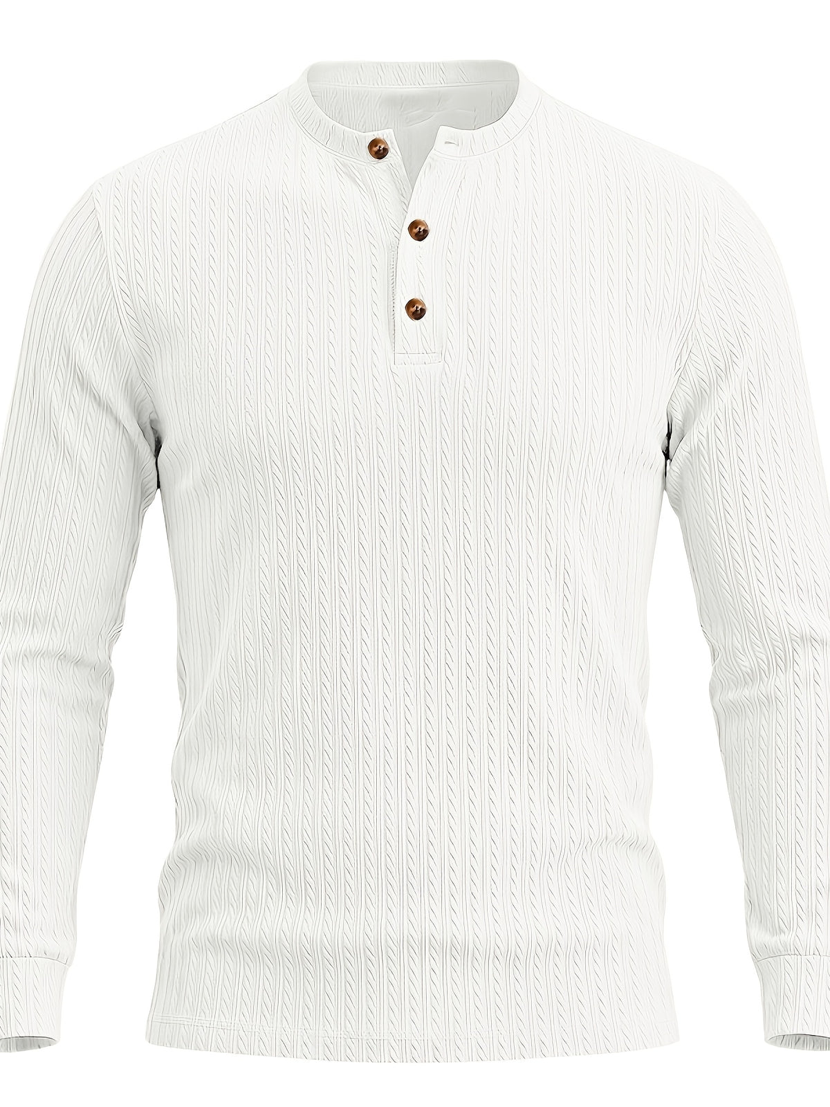 1pc Men's Casual Jacquard Henley Shirt, Autumn/Winter Stretchy Striped Jacquard Textured Fabric Long-Sleeve Polo Shirt, Outdoor Sports Versatile Base Layer Top - White
