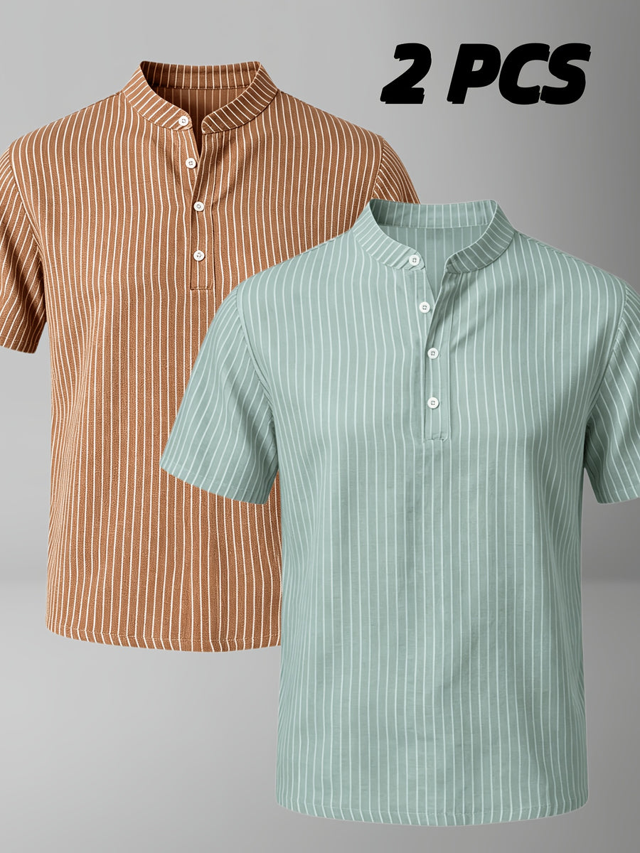 Josh Rose OBM 2pcs Men's Henley Shirts, Men's Summer Short Sleeve Regular Fit, Lightweight and Breathable, 95% Linen, Solid and Striped in Black and White, Features 4 Buttons, Suitable for Summer Daily Work, Casual, and Vacation Occasions - Coffee+Green