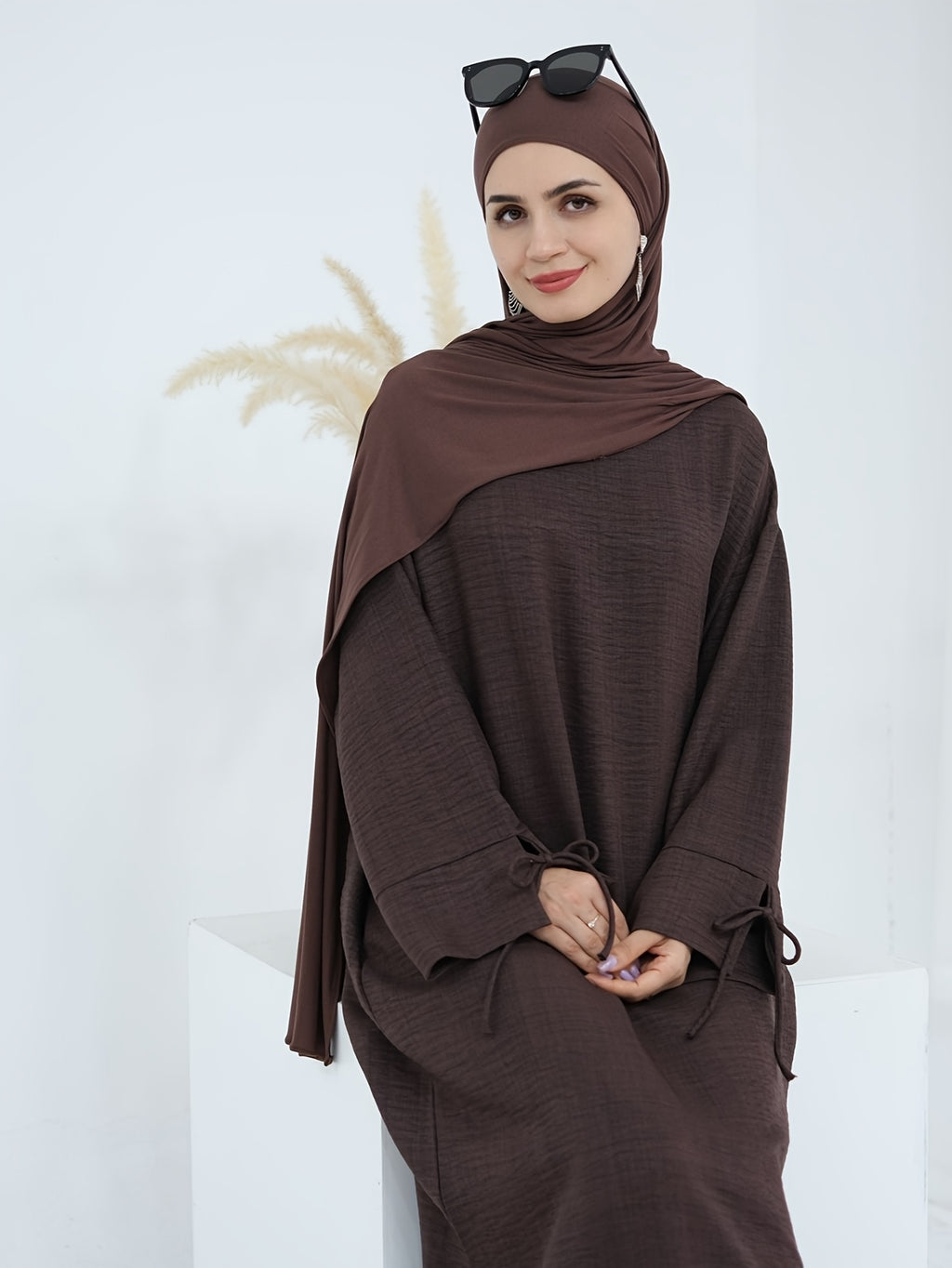 1pc Headless Scarf: Elegant Cuff Drawstring, Comfortable and Casual Solid Color, Suitable for Outdoor Travel and Daily Wear. Loose Women's Abaya Dress. Abayas for Women, Muslim, Women's Long Dresses, Oriental Arabic Robe, Abaya Dress - Coffee Brown