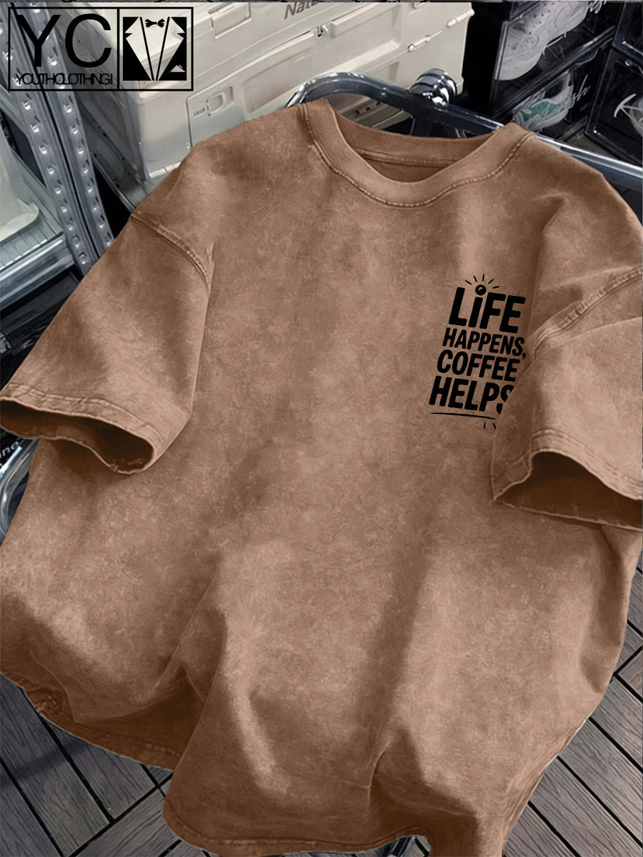 'LIFE HAPPENS COFFEE HELPS' Fun Text and Coffee Infusion Bag Creative Print  Distressed Washed Texture Men's Short-Sleeve T-Shirt, Machine Washable - Short-Sleeve Washed Texture, Loose Fit Crew Neck Casual Shirt - Coffee Color