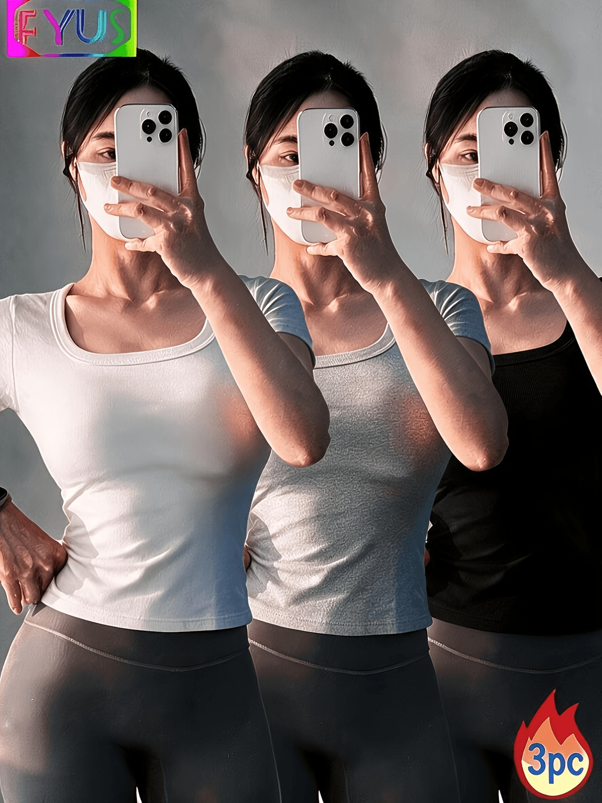 3pcs Women's Bodysuit Top, Women's Sexy Bodysuit for Hot. Comfortable Women's Tight-Fitting T-Shirt 2724, Fiber Fabric - Black+White+Grey