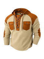 [Starry OBM] Men'S Spring/Summer New Fashion Textured Drawstring Hooded Polo Shirt, Men'S Hooded Pullover, Shoulder Panel Design Top, Multifunctional Pocket Design Jacket, Retro Versatile Trendy Fashion Sweatshirt, Men'S Casual Wear, Holiday Gift - Khaki