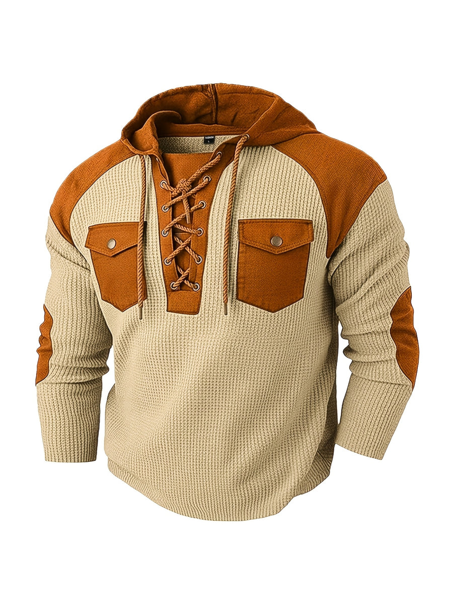 [Starry OBM] Men'S Spring/Summer New Fashion Textured Drawstring Hooded Polo Shirt, Men'S Hooded Pullover, Shoulder Panel Design Top, Multifunctional Pocket Design Jacket, Retro Versatile Trendy Fashion Sweatshirt, Men'S Casual Wear, Holiday Gift - Khaki