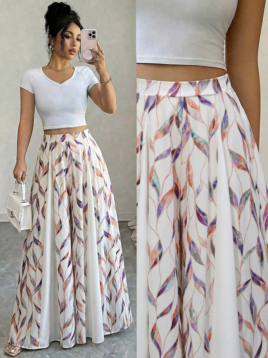 Women'S Elegant Printed Patchwork A-Line Long Skirt Pants - Apricot