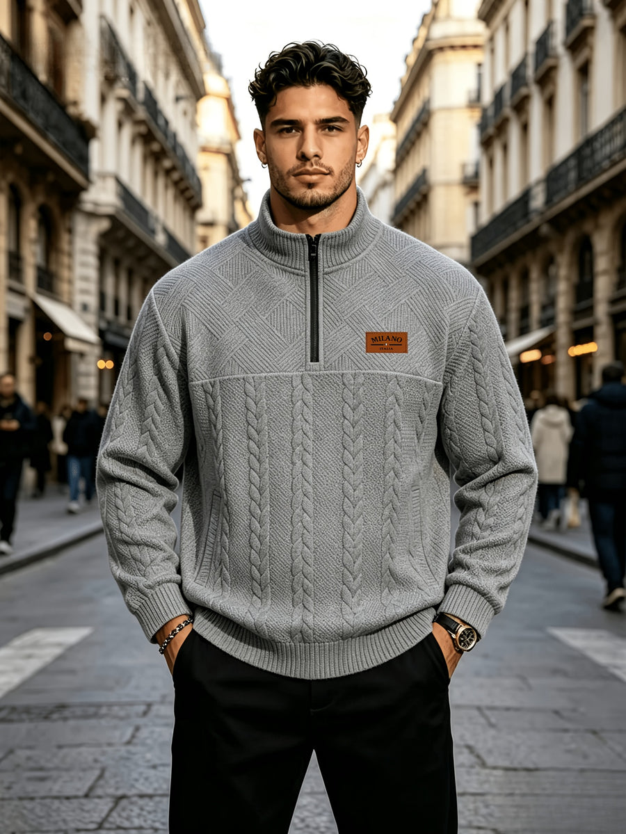 Whale Crossing OBM Men's Spring, Autumn, Winter Classic Fashion Italian Milanese Label Knitted Cable Knit Stand Collar Sweatshirt - Grey