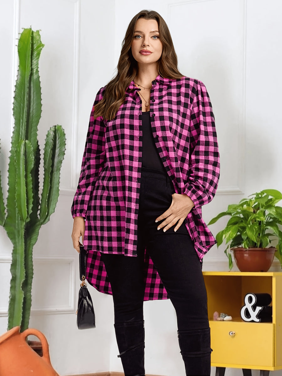 Plus Size, Women's Plus Size Elegant Black Checkered Lantern Sleeve Soft Breathable Vintage Street Style Casual Shirt Jacket - The color of rouge
