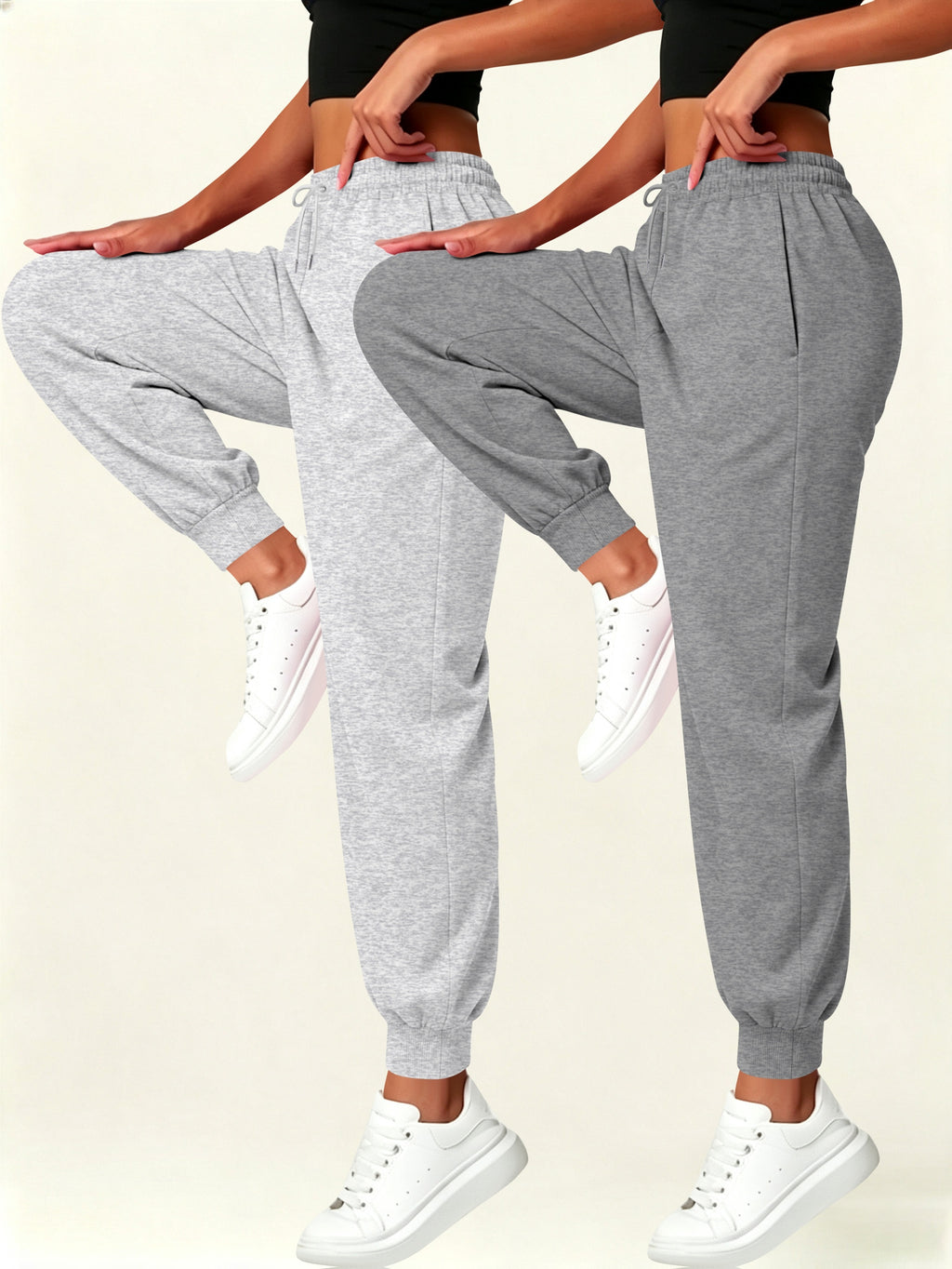 2pcs Set Autumn-Winter Women's Casual Pants with Pockets - Grey+Dark Grey